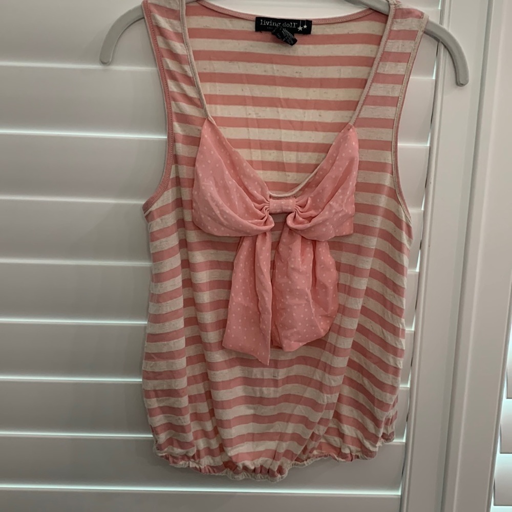 LIVING DOLL 𝅺Pink Stripe Sleeveless Knit Top With Polka Dot Chiffon Bow Detail!